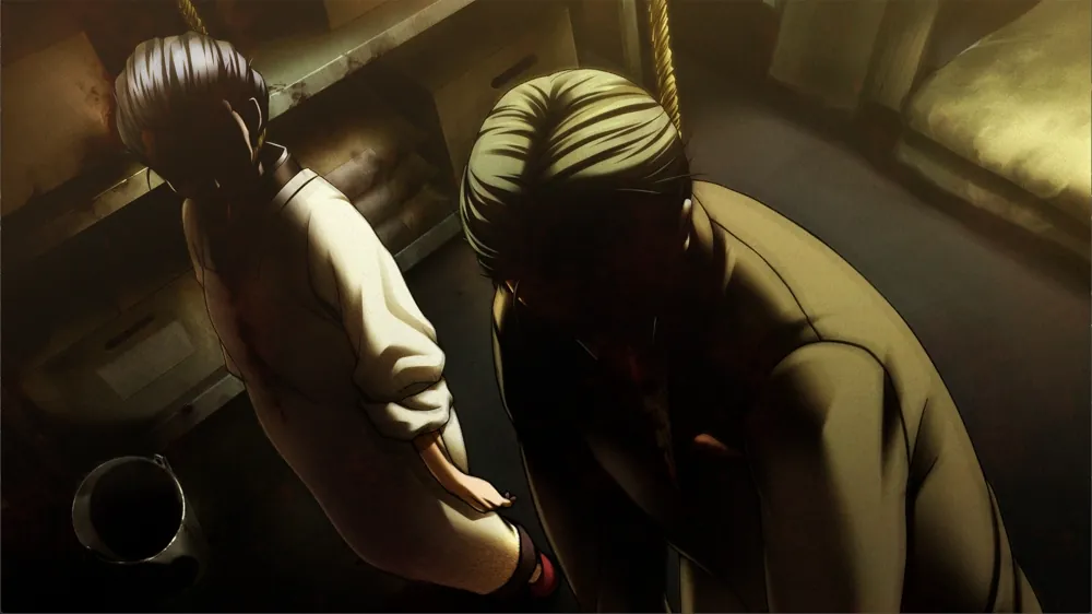 A CG showing Gohda and Kumasawa hanging from the rafters, with the camera looking down. The scene is harshly lit, with a high contrast between light and shadow.