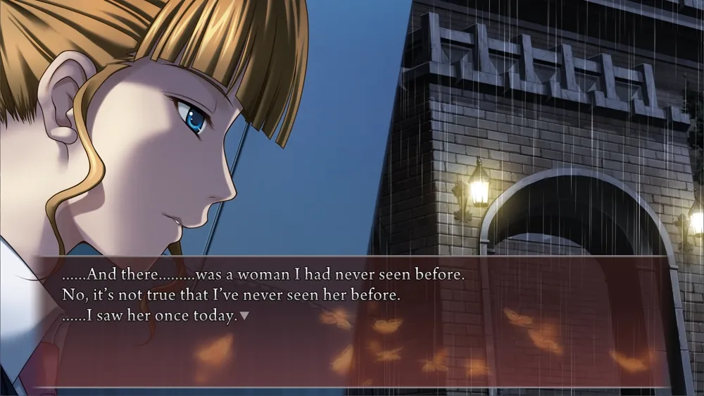 A closeup CG of Beatrice looking down. Narration: '......And there.........was a woman I had never seen before. No, it's not true that I've never seen her before.......I saw her once today.'
