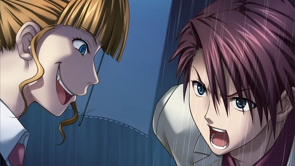 Closeups on the faces of Battler and Beatrice as they face each other, in a split screen.