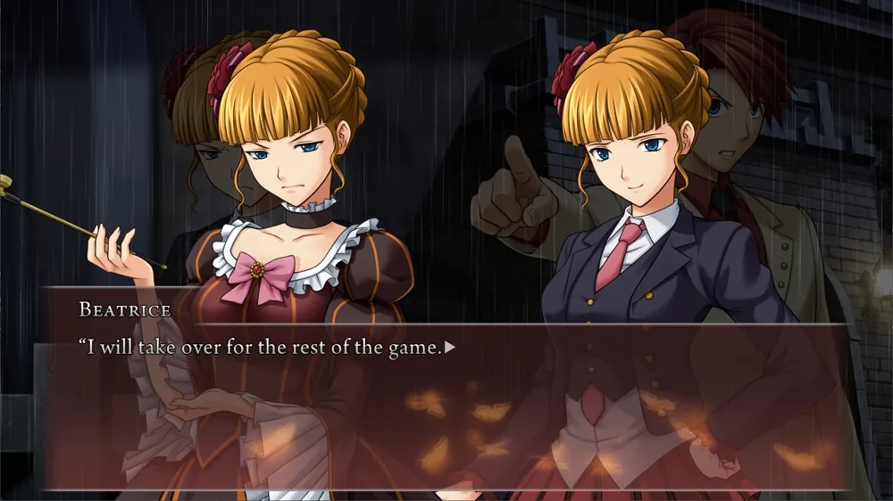 Two different outfits of Beatrice talking to each other. The older Beatrice is saying 'I will take over for the rest of the game.'