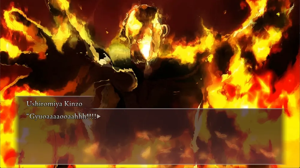 Kinzo burns to death in a massive conflagration while screaming.