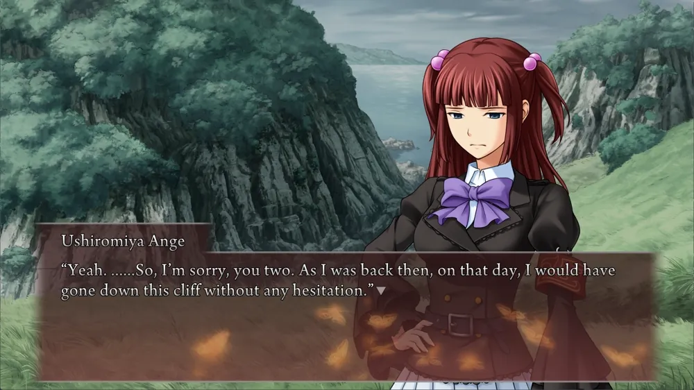 Ange, on a cliff overlooking the sea: 'Yeah. ......So, I'm sorry, you two. As I was back then, on that day, I would have gone down this cliff without any hesitation.'