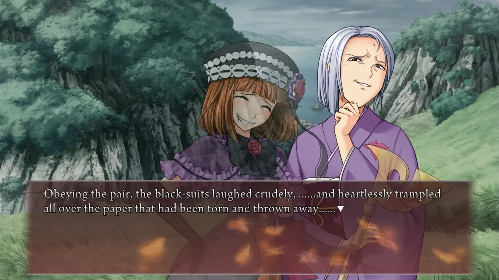 Narration, over Kasumi and Eva Beatrice: 'Obeying the pair, the black‐suits laughed crudely, ......and heartlessly trampled all over the paper that had been torn and thrown away......'