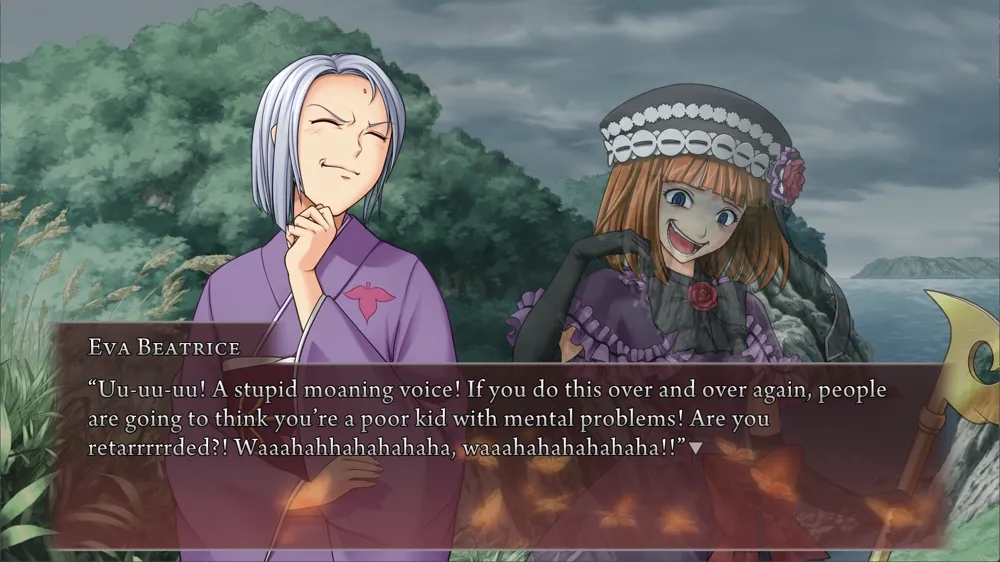 Eva Beatrice: 'Uu‐uu‐uu! A stupid moaning voice! If you do this over and over again, people are going to think you're a poor kid with mental problems! Are you retarrrrrded?! Waaahahhahahahaha, waaahahahahahaha!!