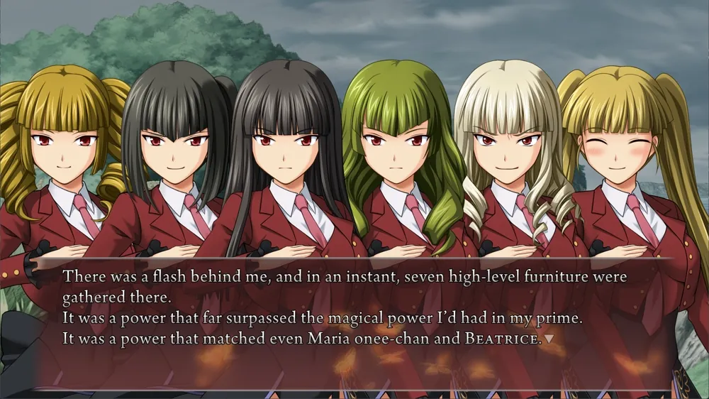 Narration: 'There was a flash behind me, and in an instant, seven high‐level furniture were gathered there. It was a power that far surpassed the magical power I'd had in my prime. It was a power that matched even Maria onee‐chan and Beatrice.'