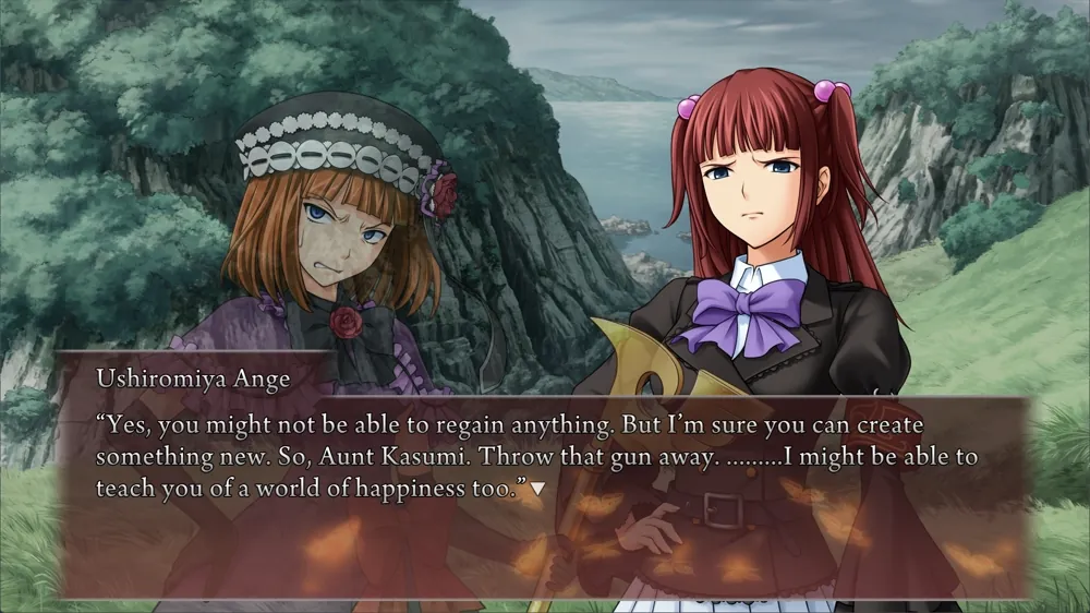Ange to Kasumi: 'Yes, you might not be able to regain anything. But I'm sure you can create something new. So, Aunt Kasumi. Throw that gun away. .........I might be able to teach you of a world of happiness too.