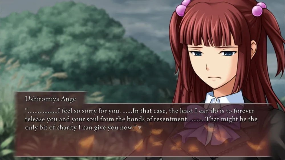 Ange to Kasumi, in slightly blurry closeup: '..................I feel so sorry for you. ......In that case, the least I can do is to forever release you and your soul from the bonds of resentment. .........That might be the only bit of charity I can give you now.'