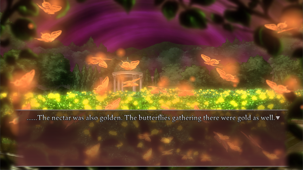 A field of yellow flowers under a clashing purple sky. Narration: However, the roses were all gold. ......The nectar was also golden. The butterflies gathering there were gold as well.