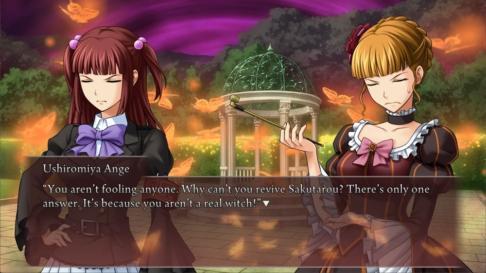 Ange to Beato: 'You aren't fooling anyone. Why can't you revive Sakutarou? There's only one answer. It's because you aren't a real witch!'