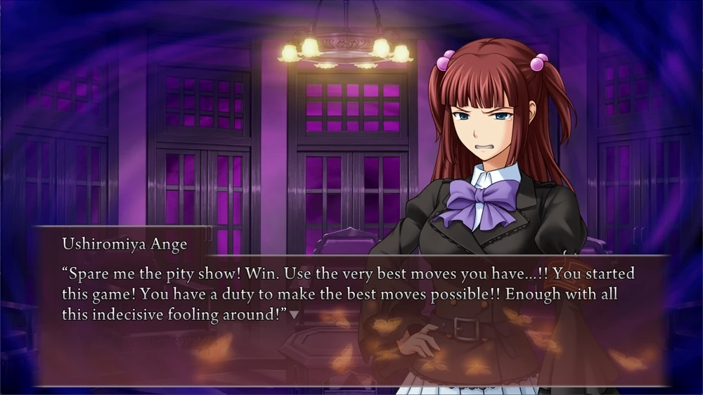Ange: 'Spare me the pity show! Win. Use the very best moves you have...!! You started this game! You have a duty to make the best moves possible!! Enough with all this indecisive fooling around!'