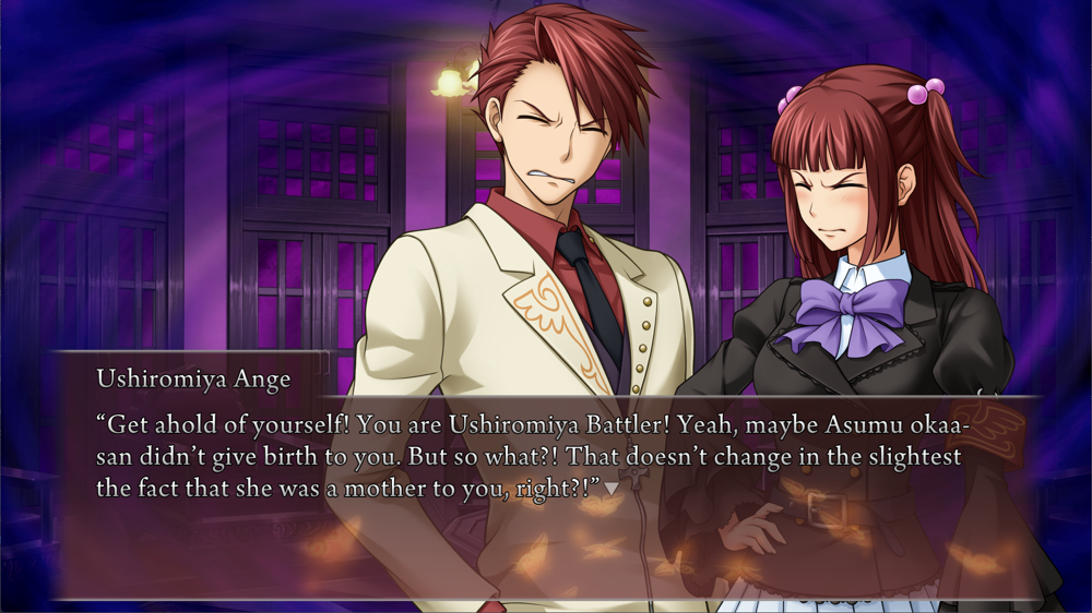Ange to Battler: 'Get ahold of yourself! You are Ushiromiya Battler! Yeah, maybe Asumu okaa‐san didn't give birth to you. But so what?! That doesn't change in the slightest the fact that she was a mother to you, right?!'