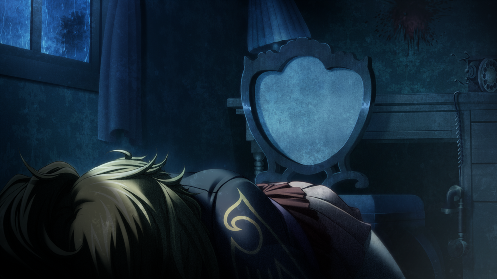 Illustration of Jessica lying dead in front of her desk, lit by moonlight from outside. The surfaces are textured and grimy.