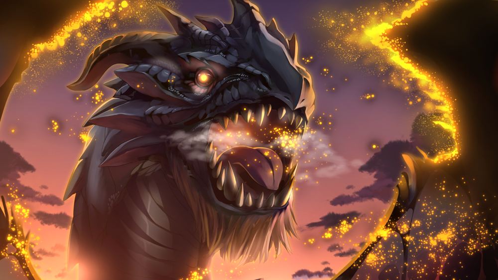 A painting of the head of a black dragon surrounded by yellow sparks.