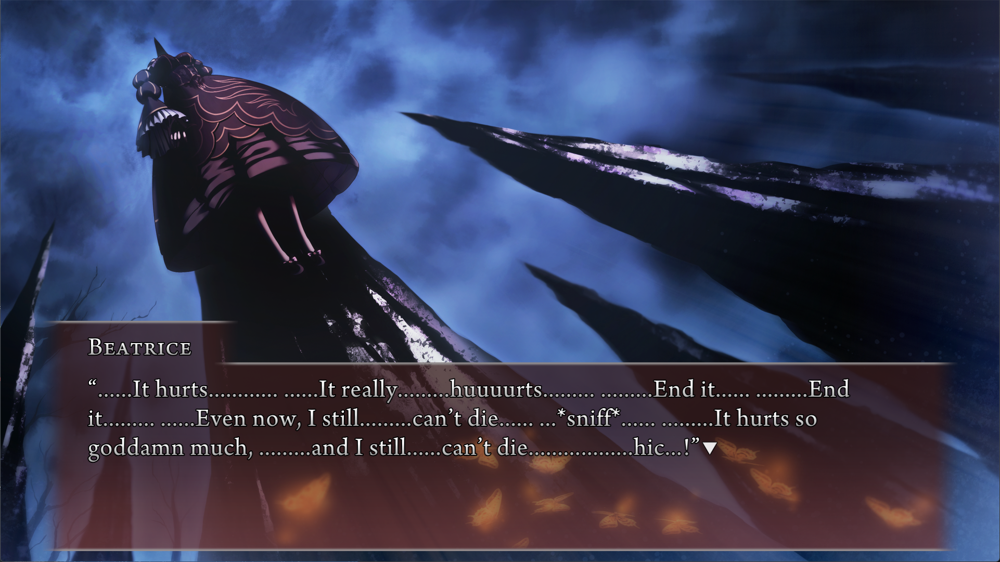 Beatrice, staked on a giant pillar, says: '......It hurts............ ......It really.........huuuurts......... .........End it...... .........End it......... ......Even now, I still.........can't die...... ...*sniff*...... .........It hurts so goddamn much, .........and I still......can't die..................hic...!'