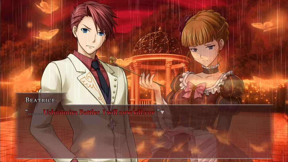Beatrice to Battler, in red: Ushiromiya Battler. I will now kill you.