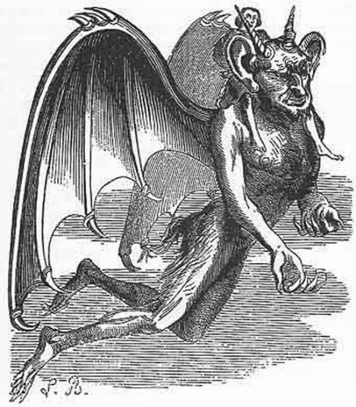 An engraving of Gaap, a humanoid demon with large bat-like wings, conical horns and large ears, with a small human riding on his shoulders.
