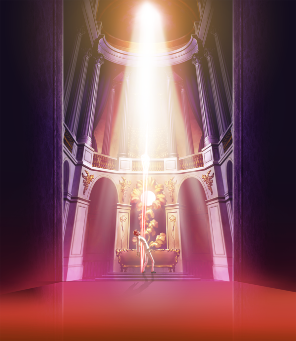 CG of Battler being impaled on two long red spears that extend out of frame.
