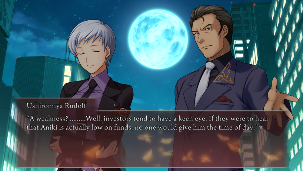 Rudolf to Kyrie, with a big full moon behind them: A weakness? .........Well, investors tend to have a keen eye. If they were to hear that Aniki is actually low on funds, no one would give him the time of day.