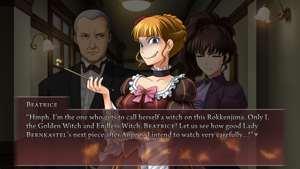 Beatrice: Hmph. I'm the one who gets to call herself a witch on this Rokkenjima. Only I, the Golden Witch and Endless Witch, Beatrice! Let us see how good Lady Bernkastel's next piece after Ange is. I intend to watch very carefully...!