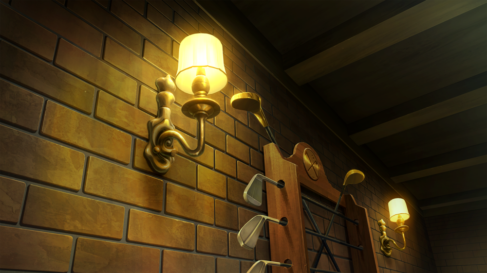 A view of a brick wall, on which is mounted a set of golf clubs in a wooden rack and two light sconces.