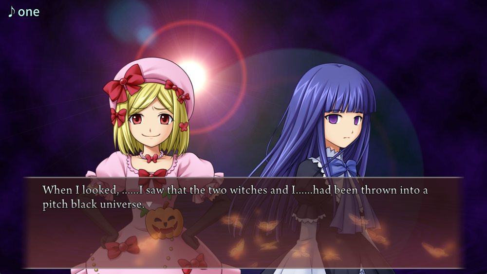 Bernkastel and Lambda in an abstract space full of purple clouds. Narration: When I looked, ......I saw that the two witches and I......had been thrown into a pitch black universe.