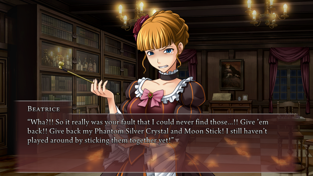 Beatrice: Wha?!! So it really was your fault that I could never find those...!! Give 'em back!! Give back my Phantom Silver Crystal and Moon Stick! I still haven't played around by sticking them together yet!