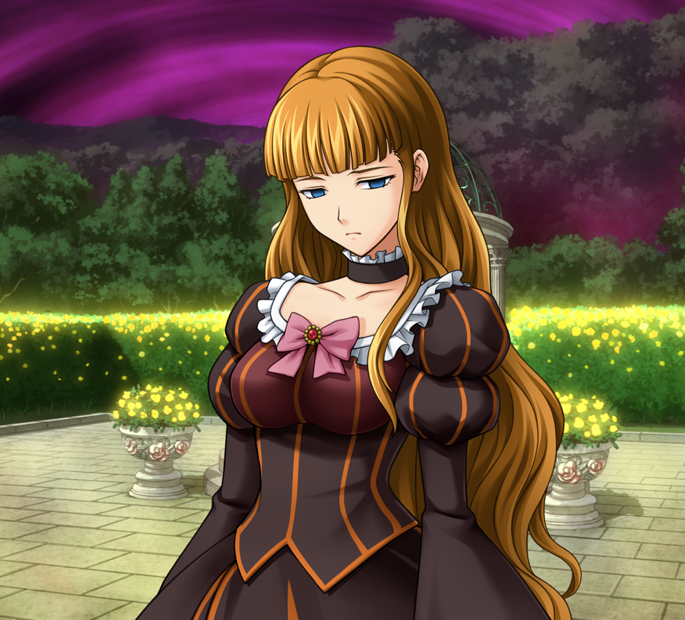 Beatrice in the rose garden, with a subdued expression, and her hair down over her shoulders.