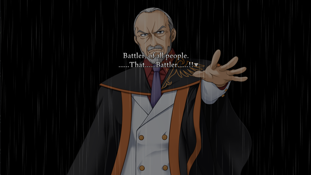 Kinzo dramatically gestures towards the camera. Superimposed on him is text: Battler, of all people. ......That......Battler......!!