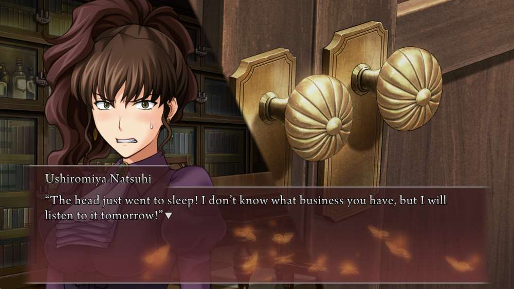Natsuhi, with a splitscreen with a locked door: The head just went to sleep! I don't know what business you have, but I will listen to it tomorrow!