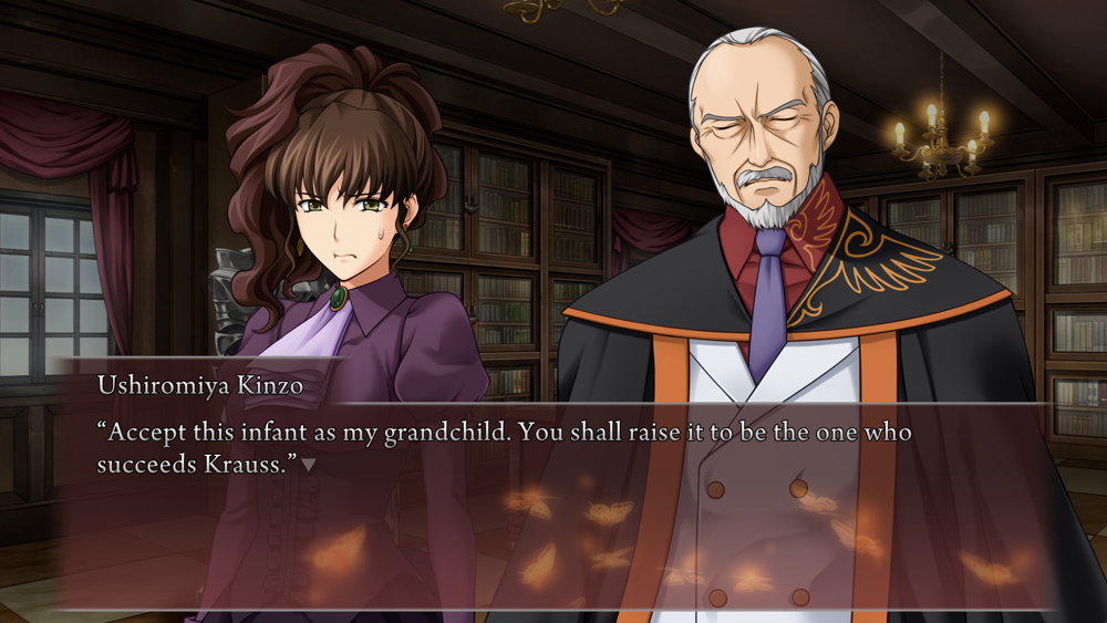 Kinzo to Natsuhi: Accept this infant as my grandchild. You shall raise it to be the one who succeeds Krauss.