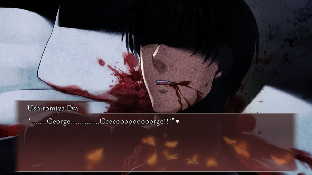 George lying dead with his throat cut. Eva is saying George... George...