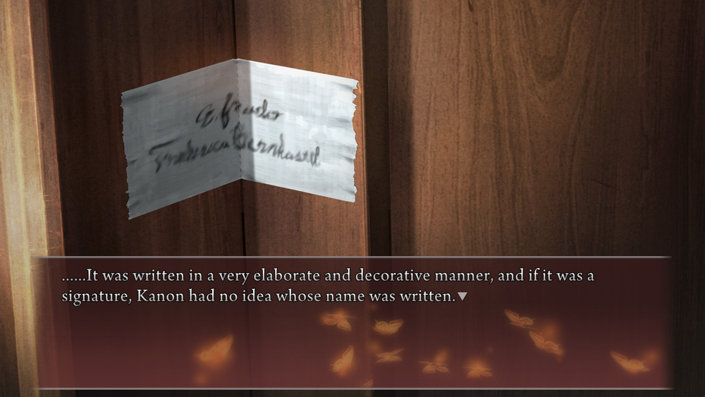 A picture of the duct tape seal. Narration: ......It was written in a very elaborate and decorative manner, and if it was a signature, Kanon had no idea whose name was written.