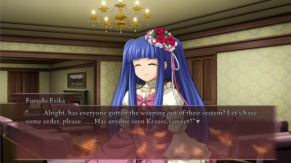 Erika: .........Alright, has everyone gotten the weeping out of their system? Let's have some order, please. ......Has anyone seen Krauss‐san yet?