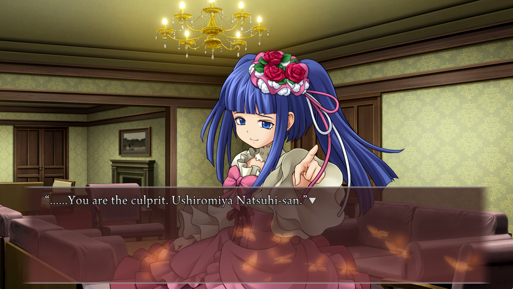 Girl with a straight fringe and blue hair: '......You are the culprit. Ushiromiya Natsuhi‐san.'