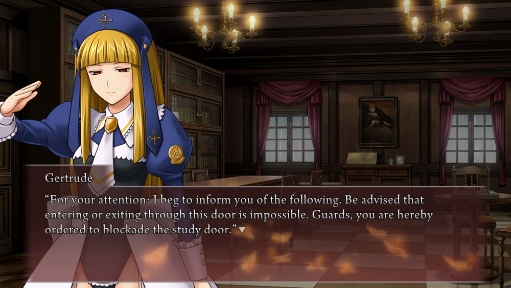 Gertrude, a blonde character with a similar design to Dlanor: For your attention: I beg to inform you of the following. Be advised that entering or exiting through this door is impossible. Guards, you are hereby ordered to blockade the study door.