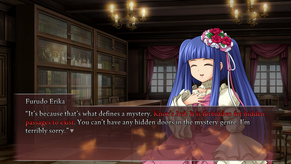 It's because that's what defines a mystery. (red) Knox's 3rd: It is forbidden for hidden passages to exist. You can't have any hidden doors in the mystery genre. I'm terribly sorry.