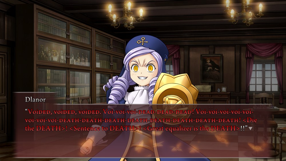 Dlanor, all in red: Voided, voided, voided. Voi‐voi‐voi‐dead‐dead‐dead! Voi‐voi‐voi‐voi‐voi‐voi‐voi‐voi‐death‐death‐death‐death‐death‐death‐death‐death! <Die the DEATH>! <Sentence to DEATH>! <Great equalizer is the DEATH>!!