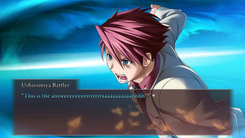 CG of Battler running shouting an extended 'this is the answer'.