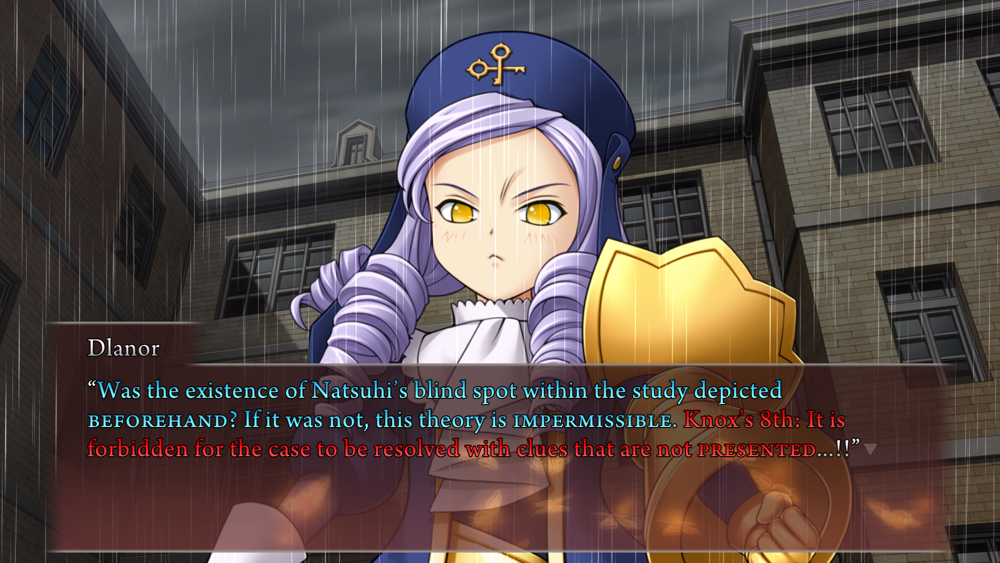 (blue) Was the existence of Natsuhi's blind spot within the study depicted beforehand? If it was not, this theory is impermissible. (red) Knox's 8th: It is forbidden for the case to be resolved with clues that are not presented...!!