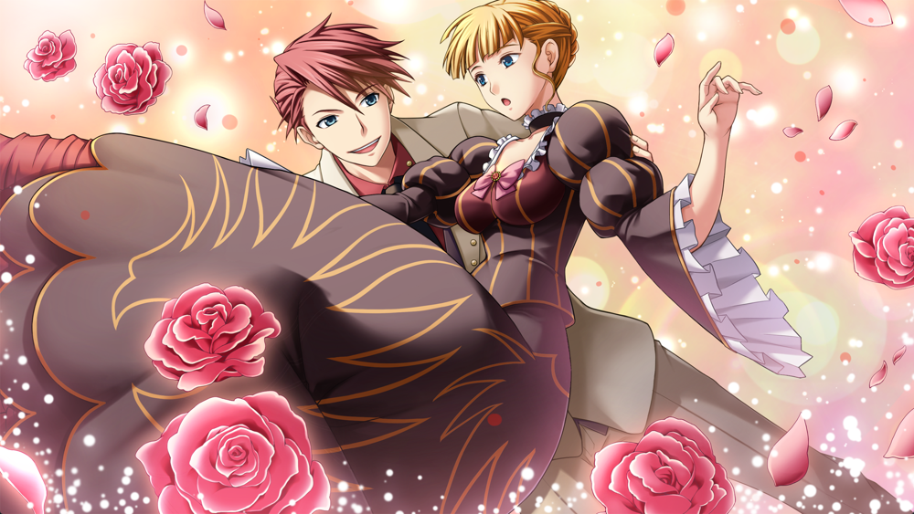 CG of Battler catching Beato in his arms, surrounded by red roses.