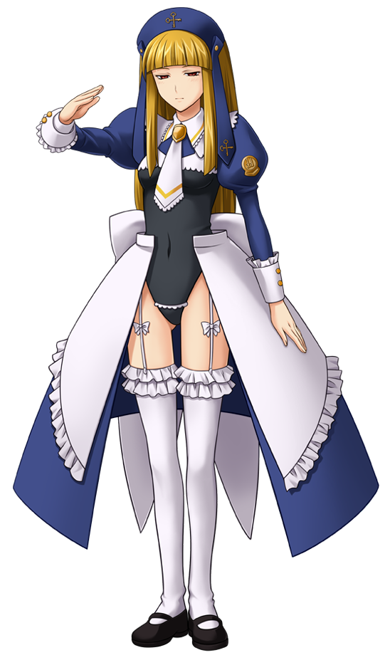 Full sprite of Gertrude. She's wearing something like a military uniform crossed with a maid outfit, and saluting. She has long straight blonde hair and her hat has dangly bits.