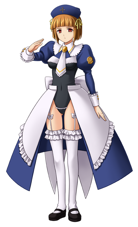 Full sprite of Cornelia. She's wearing something like a military uniform crossed with a maid outfit, and saluting. She has shorter brown hair with straight bangs and her hat does not have any dangly bits.
