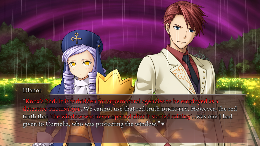 Dlanor: Knox's 2nd: It is forbidden for supernatural agencies to be employed as a detective technique. We cannot use that red truth directly. However, the red truth that 'the window was never opened after it started raining'...was one I had given to Cornelia, who was protecting the window.
