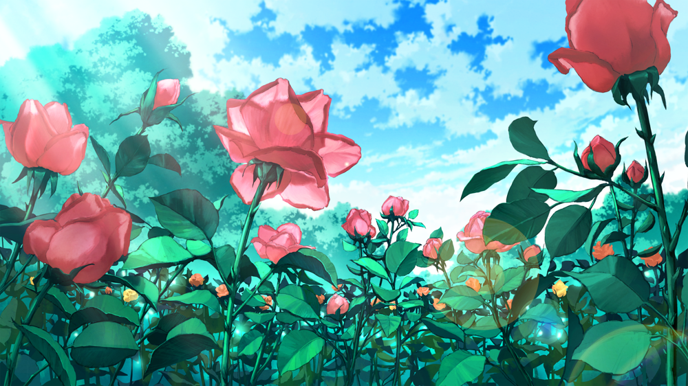 A painting of roses in bloom, the camera placed low amidst the roses.