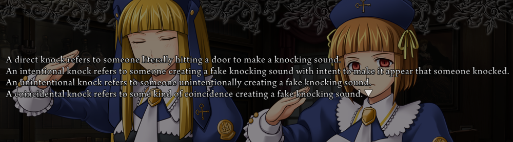 Small text: A direct knock refers to someone literally hitting a door to make a knocking sound. An intentional knock refers to someone creating a fake knocking sound with intent to make it appear that someone knocked. An unintentional knock refers to someone unintentionally creating a fake knocking sound. A coincidental knock refers to some kind of coincidence creating a fake knocking sound.