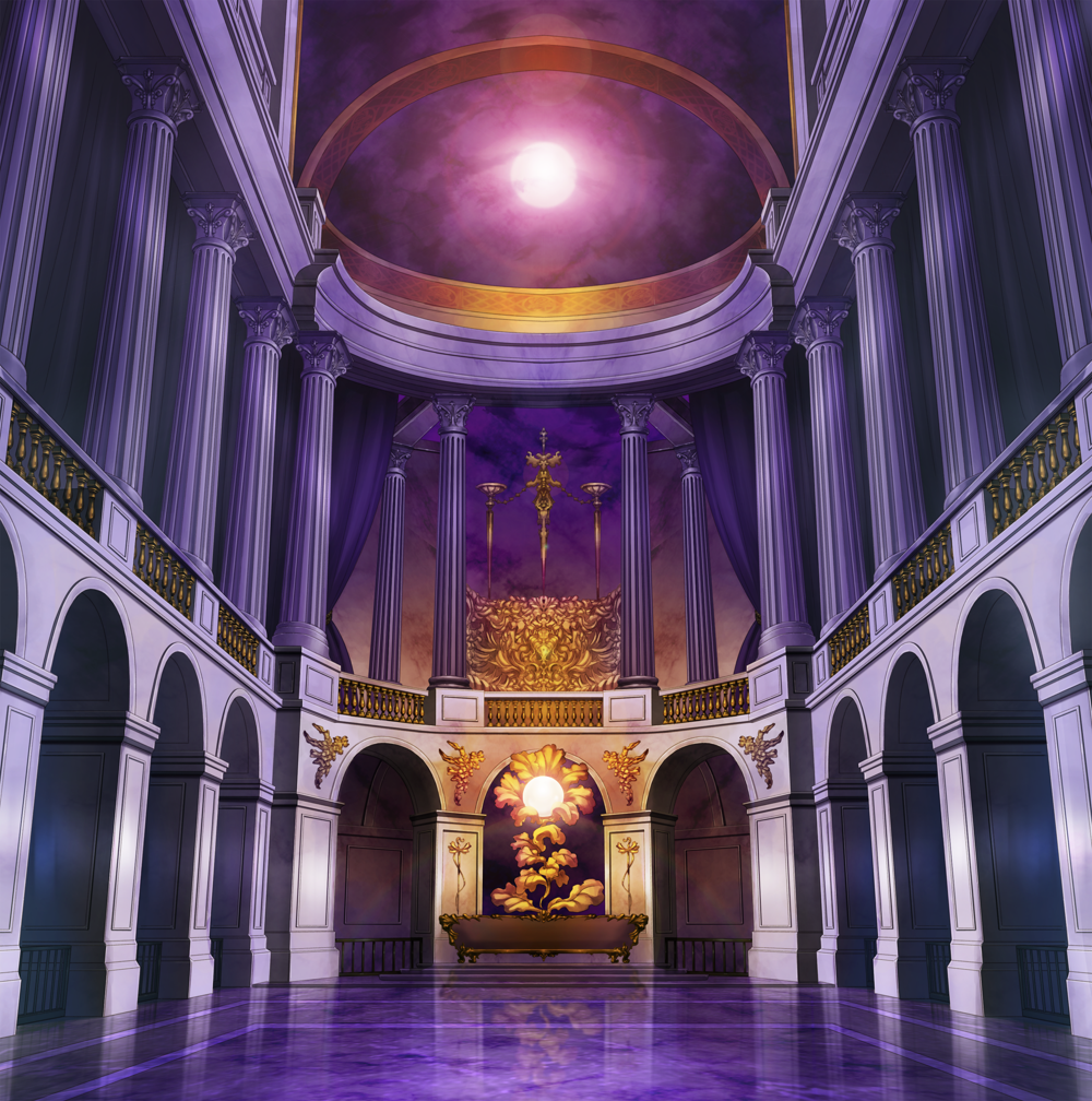 A background from the game showing a large brightly lit space surrounded by marble arches with Corinthian columns above them. There is a bright lens flare at the top.