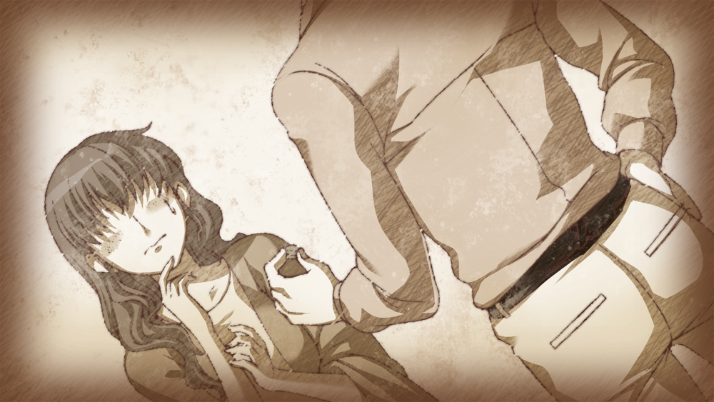 An over the shoulder shot in a pencil style of Krauss talking to a blushing Natsuhi.